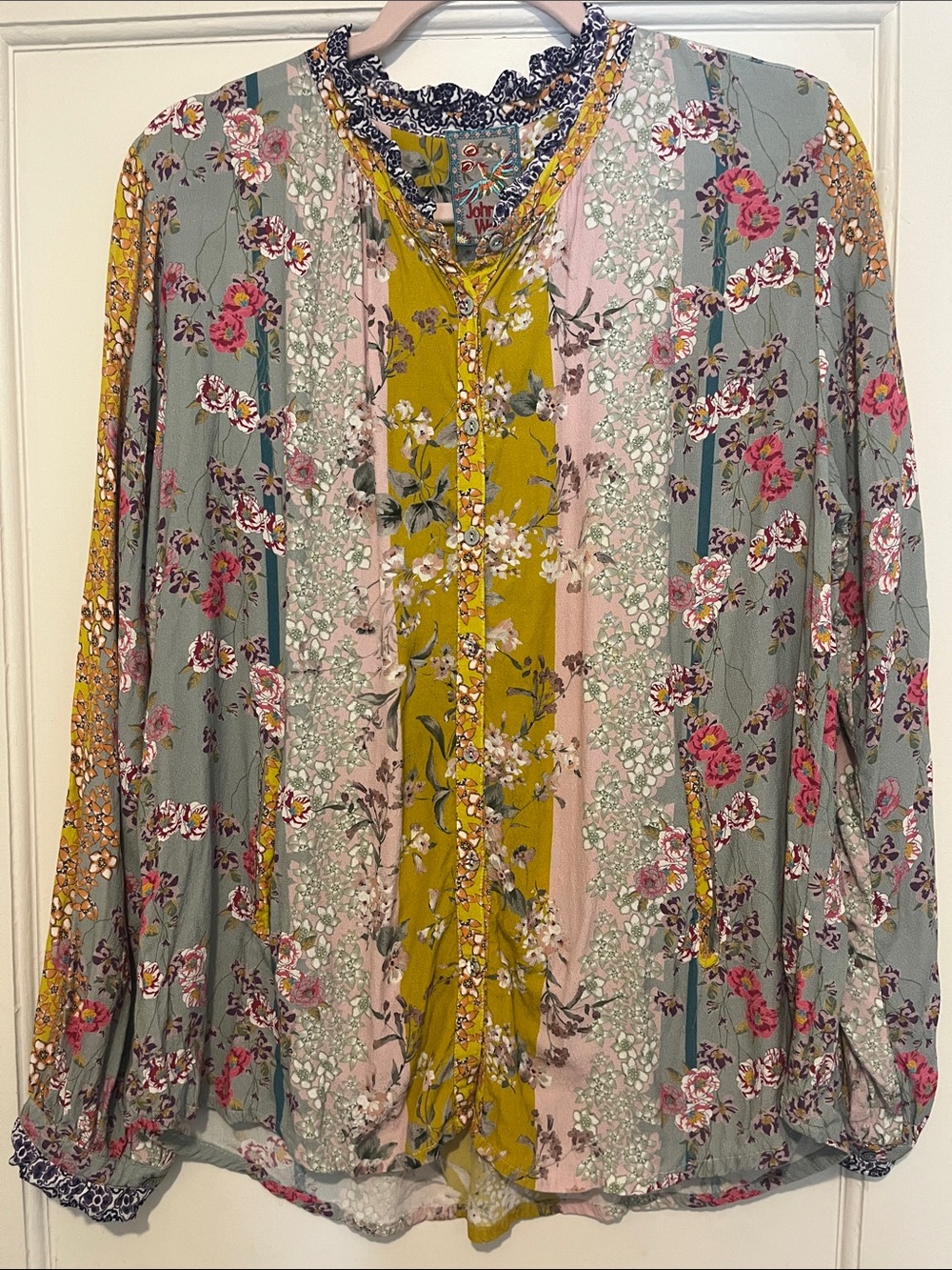Johnny Was Multi-Stripe Floral Peasant Blouse in Sage, Pink & Mustard